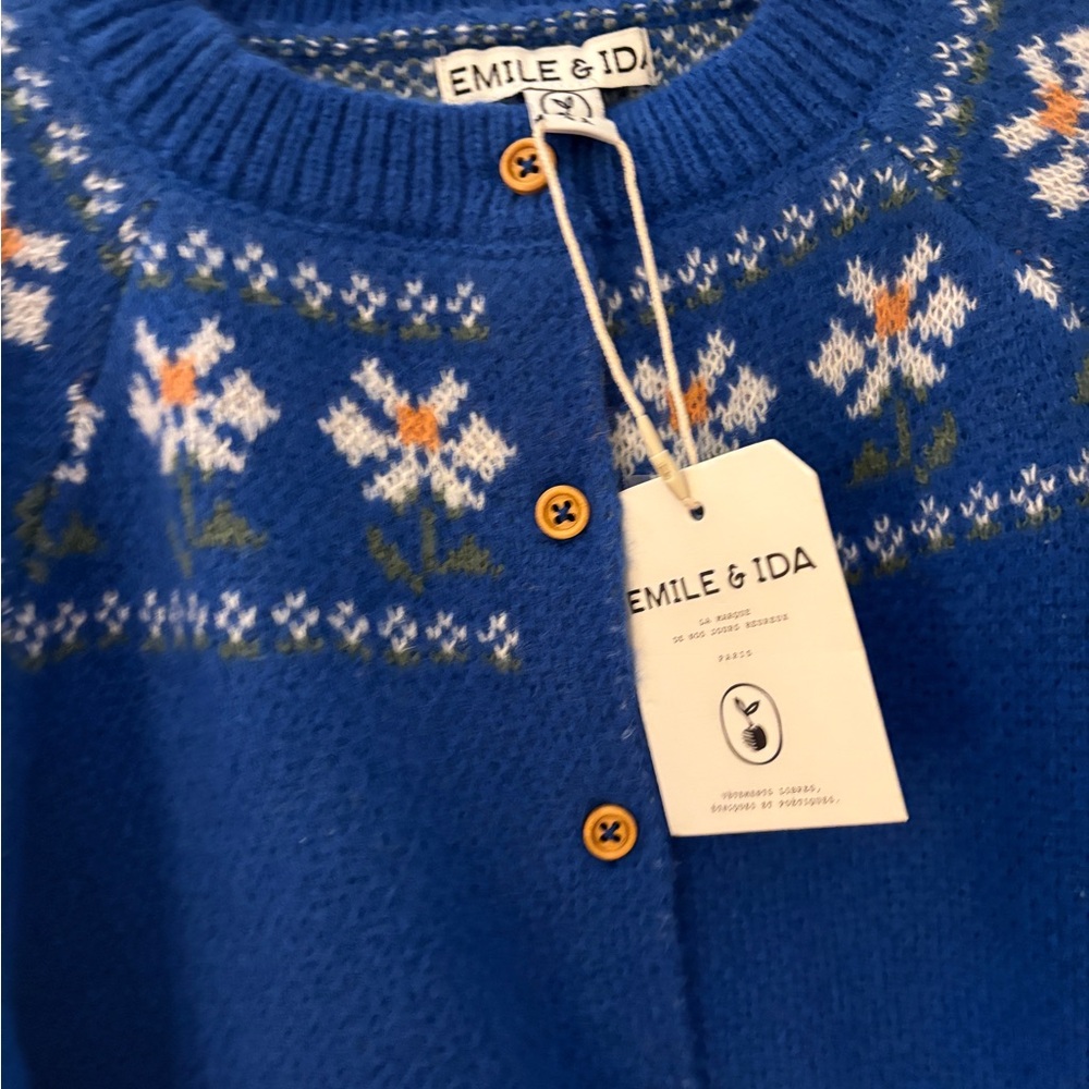 Emile et Aida Blue and white floral daisy knit cardigan 4T - Picture 2 of 6
